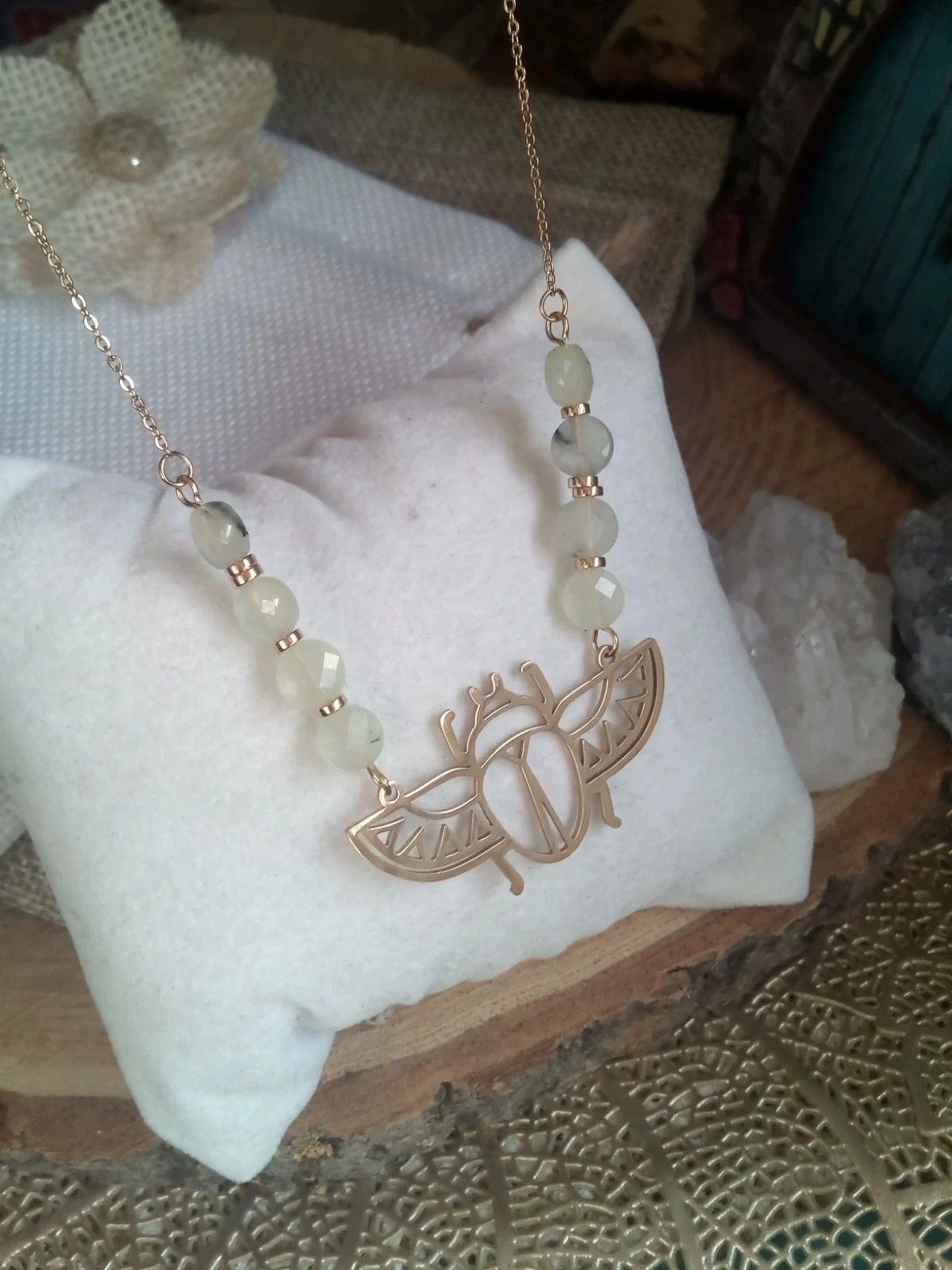 Collier scarabée égyptien en acier et perles de jade néphrite naturelles – photo 2